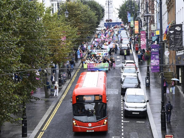 The Foyle Pride Parade coming down Shipquay Street.