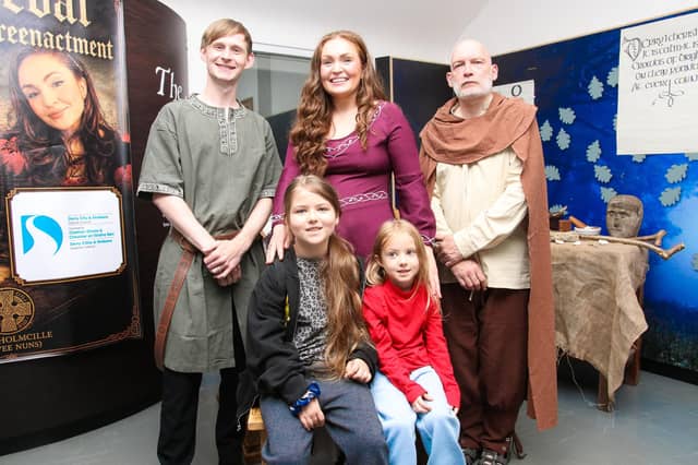 Ayla and Zara Harding pictured with actors, Caolan McCafferty, Rionach Wright and Jim Lecky after their performance at a Medieval Re-enactment of the life of Cholmcille. (Photo - Deirdre Heaney, nwpresspics)