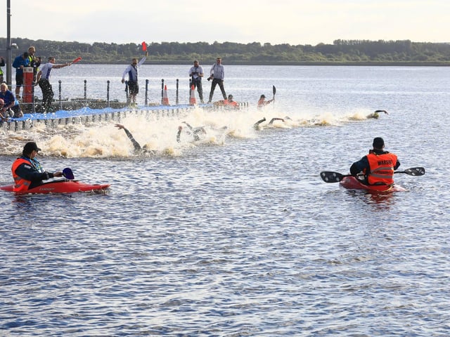 Foyle Paddlers safety team on hand as the Europe Triathlon Cup Junior Men race starts on the River Foyle on Saturday morning. (Photo - Tom Heaney, nwpresspics)