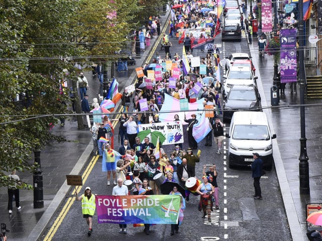 The Foyle Pride Parade coming down Shipquay Street.