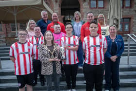   The Mayor of Derry City and Strabane District Council, Grace Ui Niallais pictured at the Guildhall on Tuesday afternoon with the Derry City FC Down Syndrome Futsal team who won the recent League of Ireland Annual Cairdeas Cup in Dublin. The Mayor held a reception for the team in recognition of their fantastic achievement. From left are Keigan Taylor, Eoin McGarry, Zain Attia, Aodhan Collins and Danny Miller. At back are coaches Noel Crampsey and Joe Kelly. (Photos: Jim McCafferty Photography)  