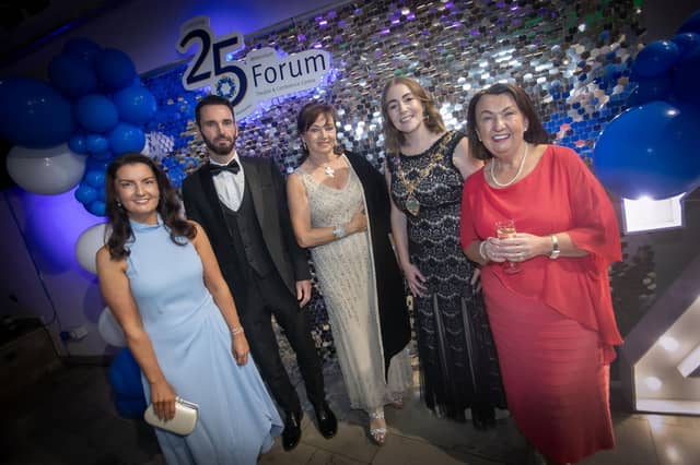 Group pictured at Friday night's 25th Anniversary Celebrations at the Millennium Forum. From left, Blathnaid Biddle, Johnny McDaid, Patron, Professor Dolores O'Reilly, Derry Theatre Trust and chair of Access to Arts for All, Grace Ui Niallais, Mayor of Derry City and Strabane District Council, and Sandra Biddle. (Photos: JIm McCafferty Photography)