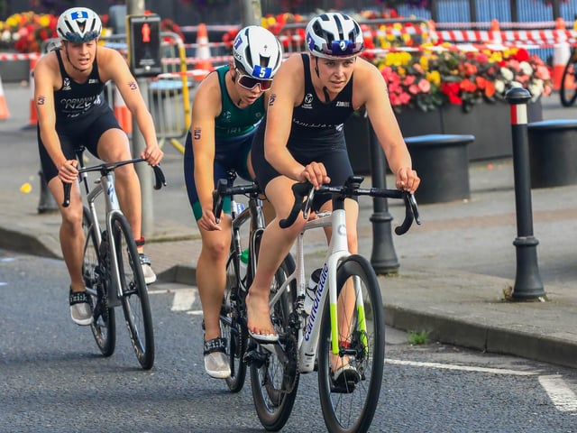 The Europe Triathlon Cup Junior Women’s head out on the bikes at the second stage of the event on Saturday morning. (Photo - Tom Heaney, nwpresspics)