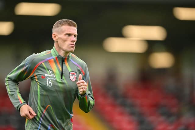 James McClean of Derry City warms-up ahead of the SSE Airtricity Men’s Premier Division match between Derry City and Waterford at The Ryan McBride Brandywell Stadium in Derry. Photo by Shauna Clinton/Sportsfile