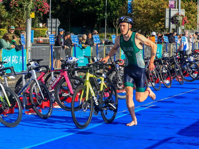 Ireland’s Pearse Gallagher holds on to his bicycle n the second stage of the Europe Triathlon Cup Junior Men on Saturday morning. (Photo - Tom Heaney, nwpresspics)