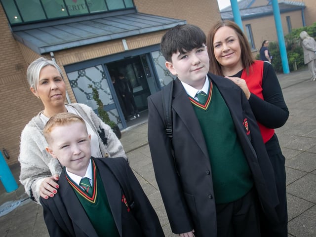 Proud mums Caroline Loughrey with son Archie and Catriona Saunders with son Noah at St. Joseph's on Friday morning. (Photos: Jim McCafferty Photography)