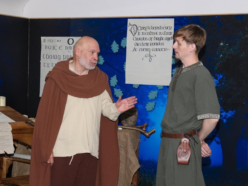 Jim Lecky in the role of Cholmcille and Caolan McCafferty as Aidan pictured at a Medieval costumed re-enactment of scenes from the life of Cholmcille held in Âras Cholmcille.  (Photo - Deirdre Heaney, nwpresspics)