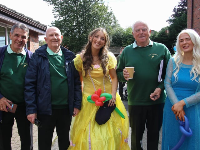 Jimmy, Tony and Pat pictured at Culmore Manor Fun Day with Elsa and Belle.  (Photo - Deirdre Heaney, nwpresspics)