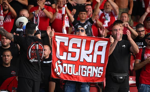 CSKA Sofia supporters celebrate after the UEFA Europa League First Qualifying Round 2nd Leg match between Derry City and CSKA Sofia at The Ryan McBride Brandywell Stadium in Derry.