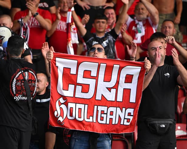 CSKA Sofia supporters celebrate after the UEFA Europa League First Qualifying Round 2nd Leg match between Derry City and CSKA Sofia at The Ryan McBride Brandywell Stadium in Derry. 