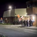 Loyalist protesters outside Waterside PSNI station on Tuesday.