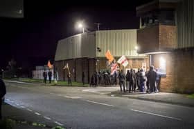 Loyalist protesters outside Waterside PSNI station on Tuesday.