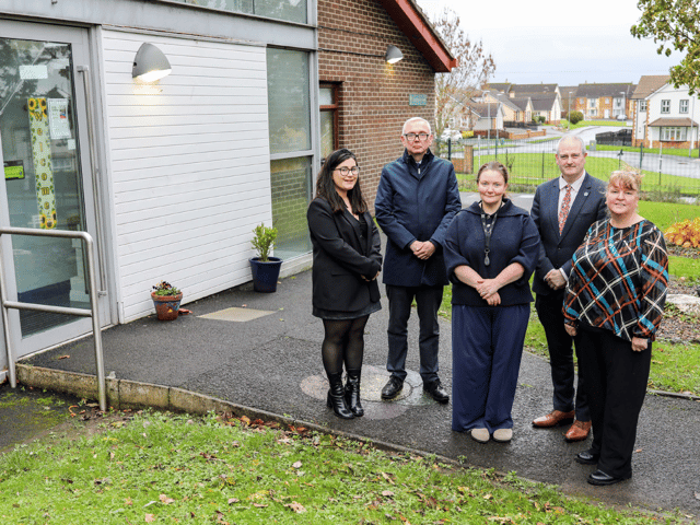 St. Columba's PS PTA head Orla Ferguson, Chair of the Board of Governors Gareth McFadden, St. Columba's Principal Tina Lyons, SDLP Councillor Martin Reilly and DUP Alderman Niree McMorris.