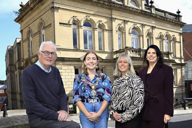 Mayor Grace Uí Niallais with Anne-Marie Gallagher, manager, Conal McFeely, chairperson, Trustees, and Stella Byrne, NI director at the National Lottery Heritage Fund at the announcement of the acquisition  of St. Columb’s Hall, funded by the National Lottery Heritage Fund. (Photo - Tom Heaney, nwpresspics)