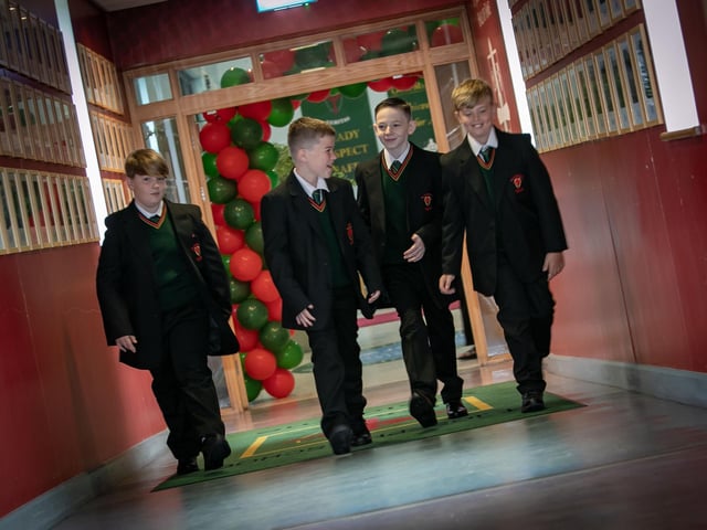 New starts at St. Joseph's Boys School on Friday morning make their way to the assembly hall. Included are Logan Hamill, Connall Kineton, Reuben Harkin and Caleb Barr. (Photos: Jim McCafferty Photography)