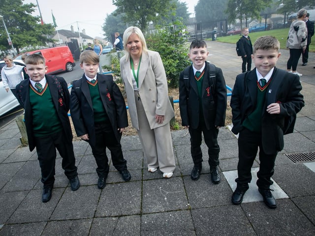 St. Joseph's Boys School's Ms. Aoibhin Shiels pictured with some of the Year 8s on Friday morning. (Photos: Jim McCafferty Photography)