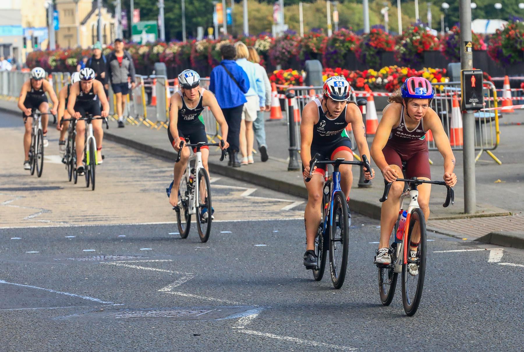 The Europe Triathlon Cup Junior Women’s head out on the bikes at  the second stage of the event on Saturday morning. (Photo - Tom Heaney, nwpresspics)