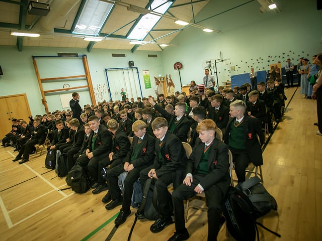 Mr. Paul Quigley addressing the new intake of Year 8 students at St. Joseph's Boys School on Friday morning. (Photos: JIm McCafferty Photography)