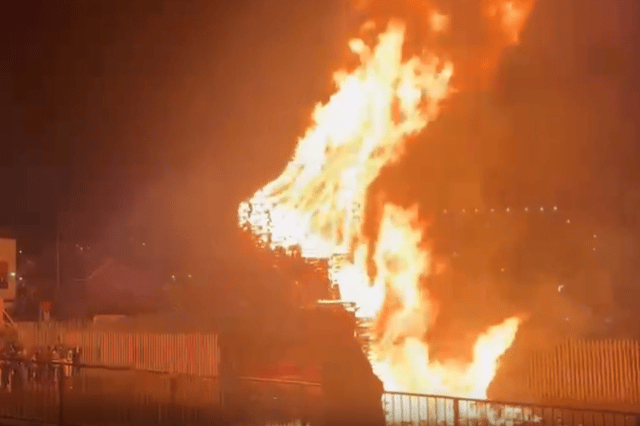 The bonfire on the Lecky Road ablaze.