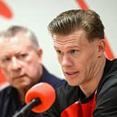 James McClean, right, and Chairman Philip O’Doherty during the former Ireland international's signing earlier this year.