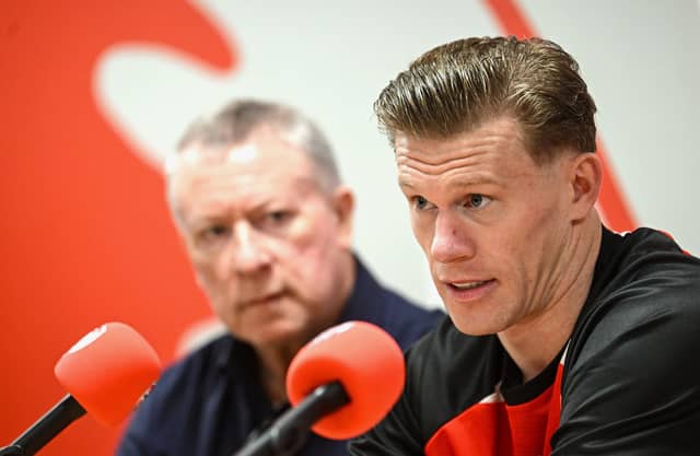 James McClean, right, and Chairman Philip O’Doherty during the former Ireland international's signing earlier this year.