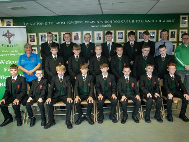 Mr. Hegarty's 8A Form Class pictured at St. Joseph's Boys School on Friday morning. Included are Mrs. McGinley and Mr. Doherty, Classroom Assistants. (Photos: Jim McCafferty Photography)