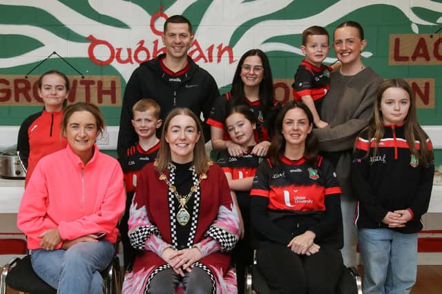 Mayor Grace Uí Niallais pictured with, on left, Catherine McDaid, Deputy Mayor and, on right, Rachael Doherty, Daire’s mammy at a Coffee Morning for Daire’s Day held in Sean Dolan’s GAC. Included also are members of Sean Dolan’s Club. (Photo - Deirdre Heaney, nwpresspics)