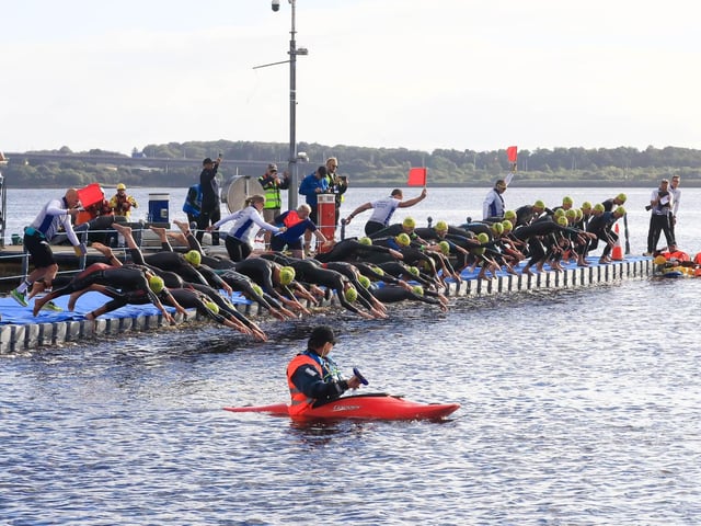 Foyle Paddlers safety team on hand as the Europe Triathlon Cup Junior Men race starts on the River Foyle on Saturday morning. (Photo - Tom Heaney, nwpresspics)