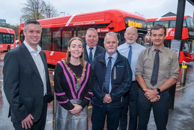 From L-R: Gerard Carlin, Group Chief Executive, Translink; Mayor of Derry City & Strabane District Council, Cllr Grace Uí Níallais; Raymond Edwards, Assistant Service Delivery Manager, Translink; Noel Christy, Bus Driver, Translink; Alan Young, Foyle Street Bus Centre Manager, Translink; Tony McDaid, Assistant Service Delivery Manager, Translink.