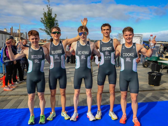 Members of the Irish Men’s team at the finish line of the Europe Triathlon Cup Junior Men’s Race, in Ebrington Square. From left, are David McClean, Eoin Mulkerrins Matthew McKenna, Sam Cooney and Sean Cooke. (Photo - Tom Heaney, nwpresspics)