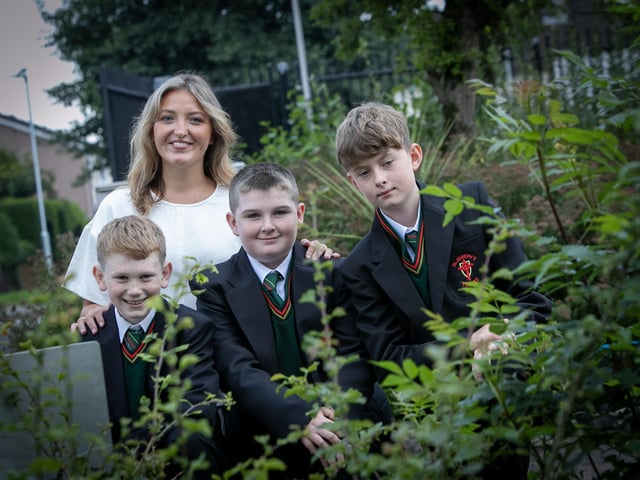 Year 8 students at St. Joseph's pictured on Friday morning with Miss Deane, Classrom Assistant. Fromleft, Cillian Bradley, Cadan O'Doherty and Paul Harkin. (Photos: Jim McCafferty Photography)
