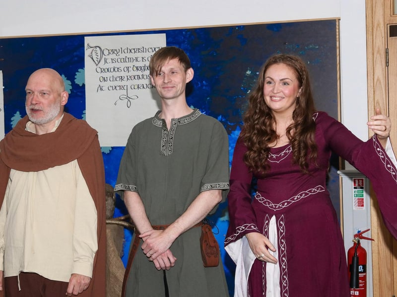 Jim Lecky, Cholmcille, Caolan McCafferty, Aidan and Rionach Wright in the role of Eithna, pictured at a Medieval costumed re-enactment of scene from the life of Cholmcille held in Âras Cholmcille.  (Photo - Deirdre Heaney, nwpresspics)