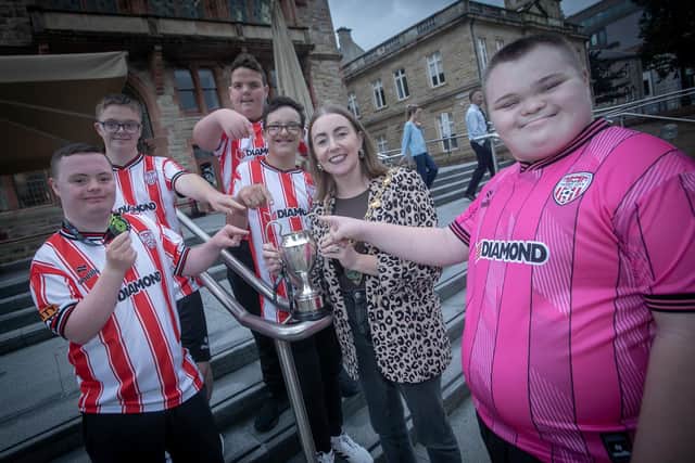 LEAGUE OF IRELAND SENIOR FUTSAL CHAMPIONS!. . . .The Mayor of Derry City and Strabane District Council, Grace Ui Niallais pictured at the Guildhall on Tuesday afternoon with the Derry City FC Down Syndrome Futsal team who won the recent League of Ireland Annual Cairdeas Cup in Dublin. The Mayor held a reception for the team in recognition of their fantastic achievement. Pictured are Keigan Taylor, Eoin McGarry, Zain Attia, Aodhan Collins and Danny Miller. (Photos: Jim McCafferty Photography)