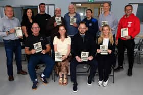 Group at the launch of Galliagh Féile celebrating 50 years of Galliagh, starting on August 4 through to Sunday August 16. Seated from left, are Martin Connolly, CRJ, Karen Hickey, Arc Housing, Frank Doherty and Laura Brown, both Pennyburn Credit Union. Standing, from left, Sean Carlin GSAP, Aileen Mellon (On Street), John Gallagher, resident, Colr. Pat Murphy, Yolanda Monaghan, Galliagh Community Centre, Kerrylee Dazell (Pennyburn Credit Union) and Tommy McCallion, manager, Gallaigh Community Centre. 